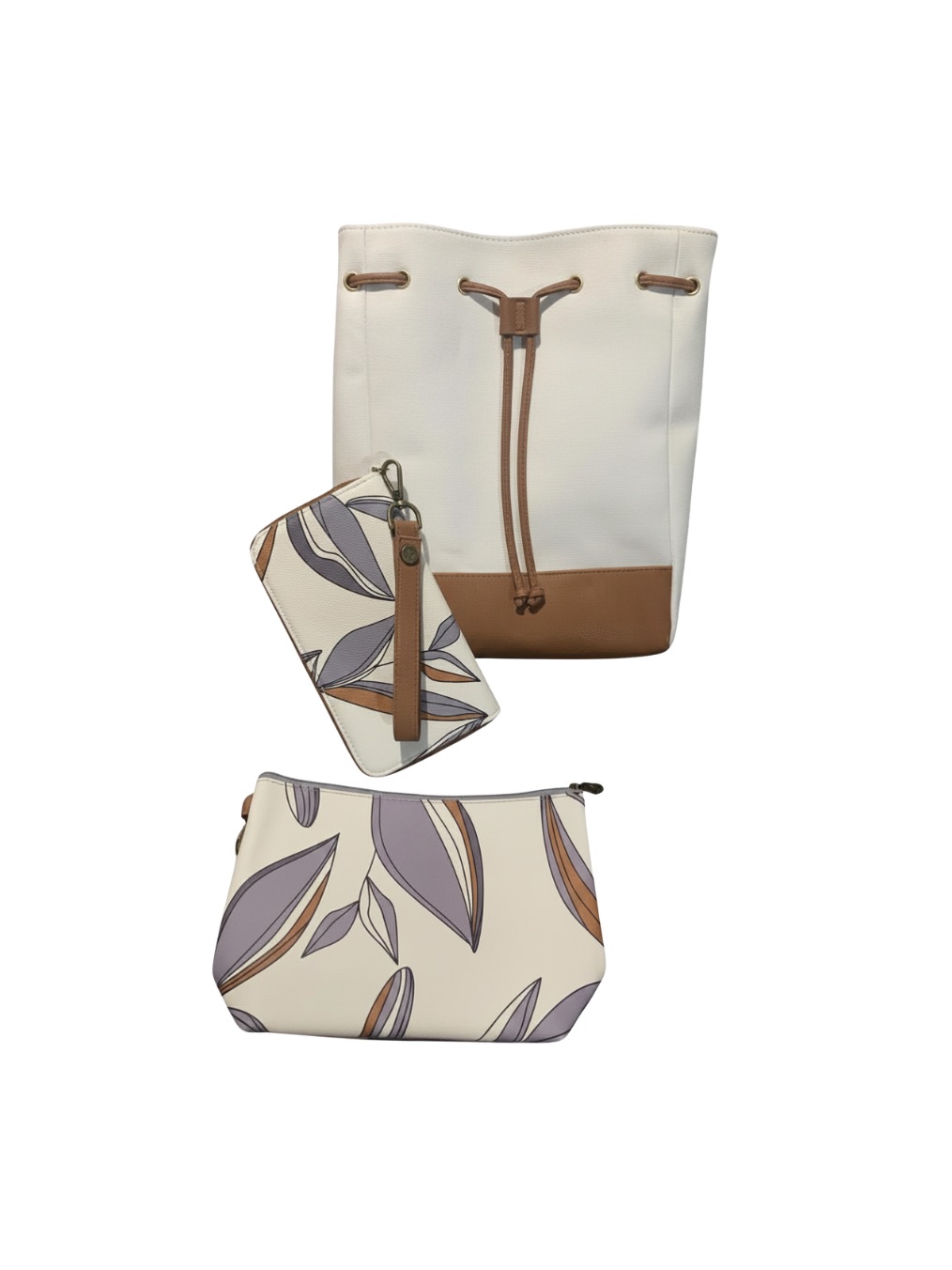 Thirty-One Cream And Tan Drawstring Bucket Bag With Leaf-Print Wallet & Pouch